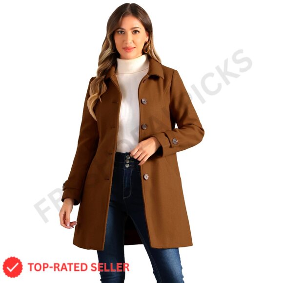 Wool Pea Coat Peter Pan Collar A-Line Single Breasted Winter Outerwear Chic